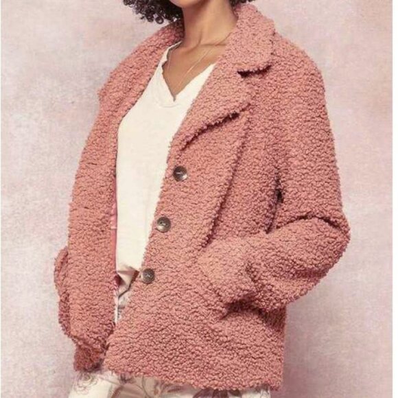 Etophe Rusty Rose Wool Blend Teddy Jacket Single Breasted Blazer Coat - Picture 1 of 8